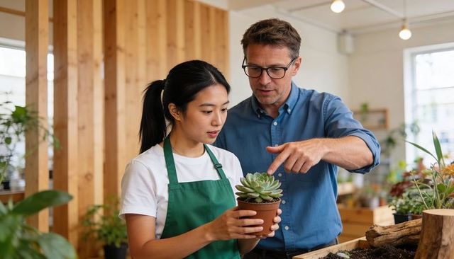 Plant shop mentoring: employee learning succulent care from experienced retail trainer