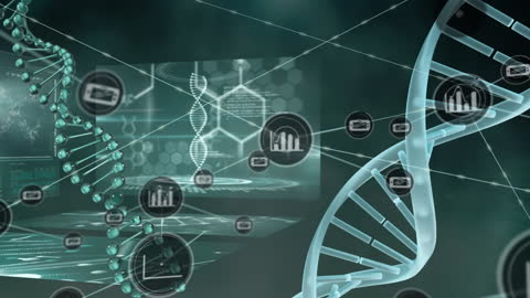 Futuristic DNA Helix Animation with Digital Network Icons