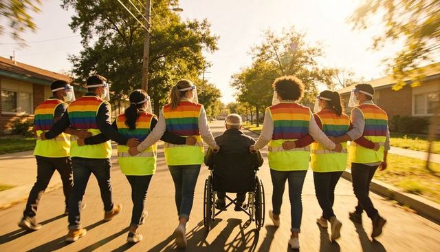 Volunteers guiding wheelchair user down sunlit suburban street in rainbow safety vests