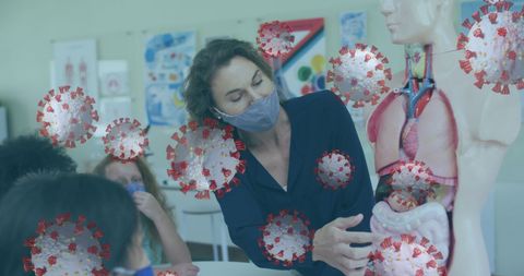 Teacher Wearing Mask Teaching Anatomy with Covid-19 Overlays