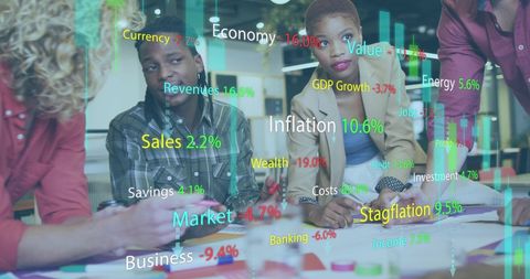Diverse Business Team Analyzing Financial Trends Overlay