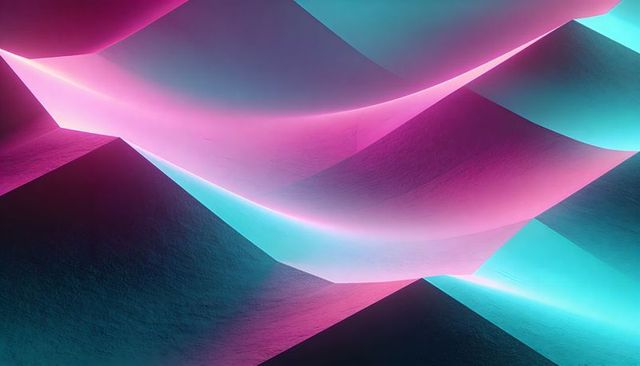 Glowing neon ribbons flowing over textured dark facets in pink and cyan abstract scene