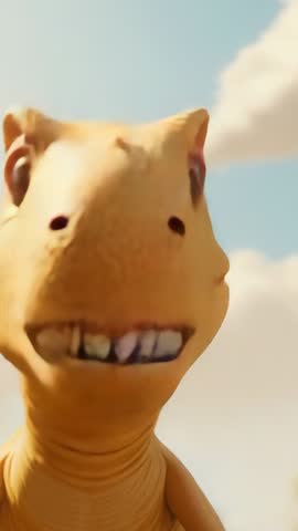 Vertical playful yellow dinosaur opening jaws, grinning and turning right in blue sky