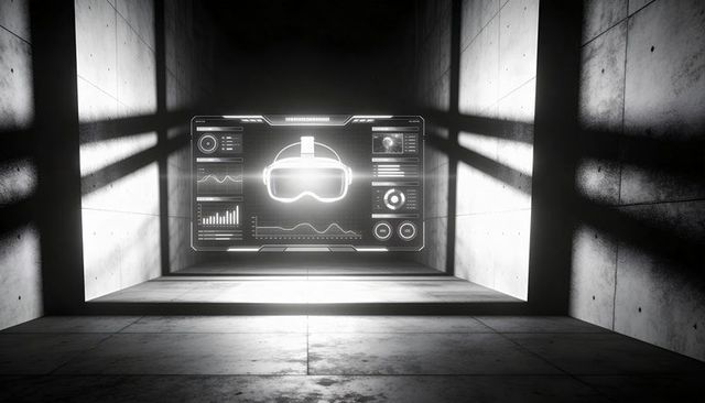 Holographic VR Interface Floating in Minimal Concrete Alcove Monochrome Futuristic Display