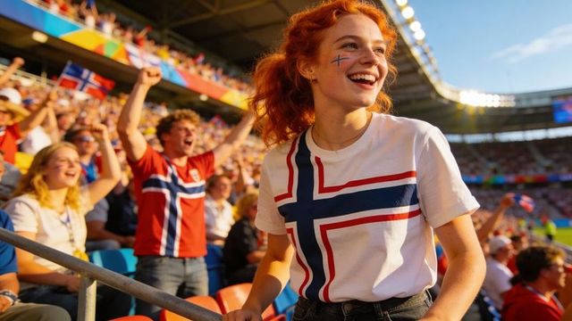 Red-haired fan cheering in sunny stadium wearing norwegian flag t-shirt and face paint