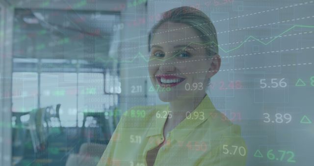 Businesswoman in professional attire, smiling confidently with transparent digital financial data overlay. Ideal for marketing materials, tech, finance, investment strategies, data analysis and corporate presentations.
