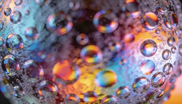 Iridescent water droplets on curved glass macro refracting rainbow light with bokeh