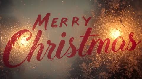 Frosted Window with Red Merry Christmas Script Shimmering in Warm Flickering Bokeh Lights