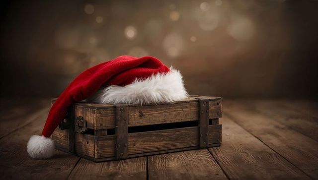 Santa Hat Resting on Rustic Wooden Crate with Warm Bokeh Lights, Cozy Christmas Still Life