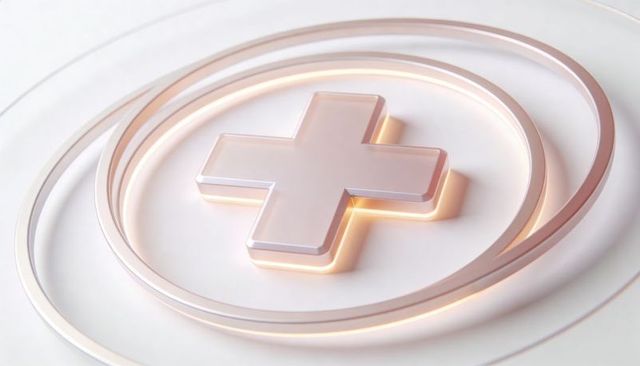 Glossy metallic medical cross emblem glowing with warm underglow and concentric rings