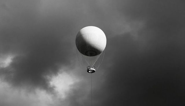 Floating tethered aerostat balloon above storm clouds in dramatic black and white panorama