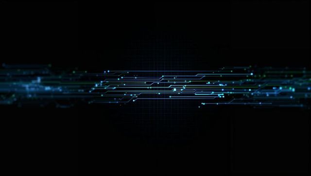 Glowing neon blue circuit lines on dark futuristic background