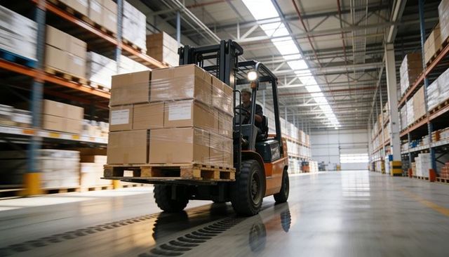 Forklift transporting stacked cardboard boxes on wooden pallet through warehouse aisle