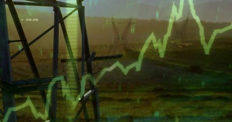 Steel transmission tower over rural plain with neon green waveform overlay and signal data