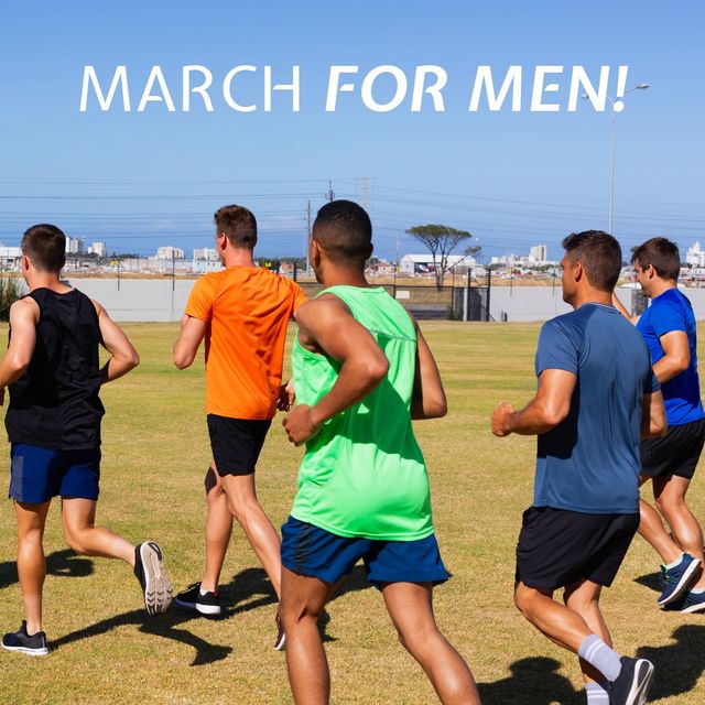Group of male athletes running outdoors, suitable for promoting men's health events, fitness activities, exercise programs, teamwork in sports, health campaigns, and fitness challenges. Shows camaraderie and collective effort towards health awareness and physical well-being on a sunny day.