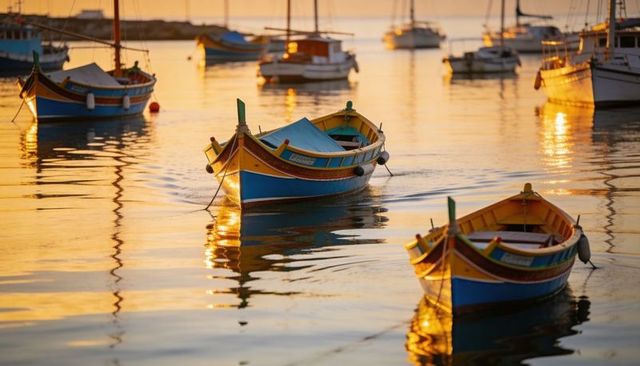 Colorful wooden fishing boats gliding in golden harbor at sunset