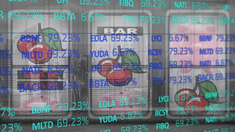 Stock Data Overlay on Slot Machine Reveling Risk and Rewards Concept