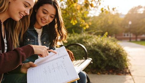 College friends studying on campus bench pointing at math notes with animated formulas