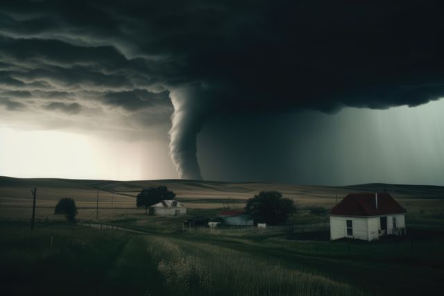 Huge tornado swirling over field, created using generative ai technology. Power in nature, danger and natural disaster concept digitally generated image.