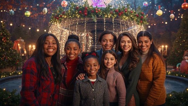 Cheerful Family Gathering at Festive Holiday Plaza