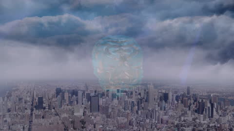 Spinning Brain Icon Above Cityscape Illustrates Future Technology