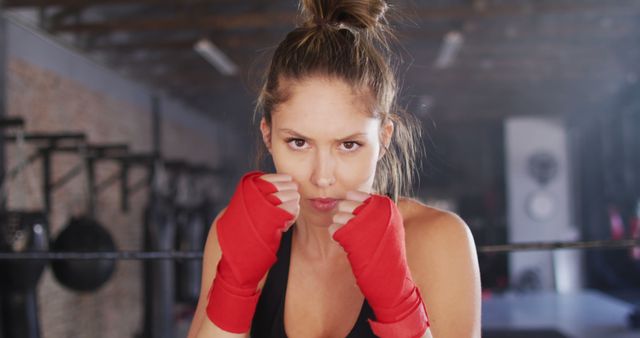 Female boxer wearing red gloves is seen preparing for a training session in the gym. Ideal for concepts like sports training, female empowerment, fitness motivation, strength building, athleticism, and determination. Useful for fitness blogs, sports articles, martial arts promotions, and personal training websites.