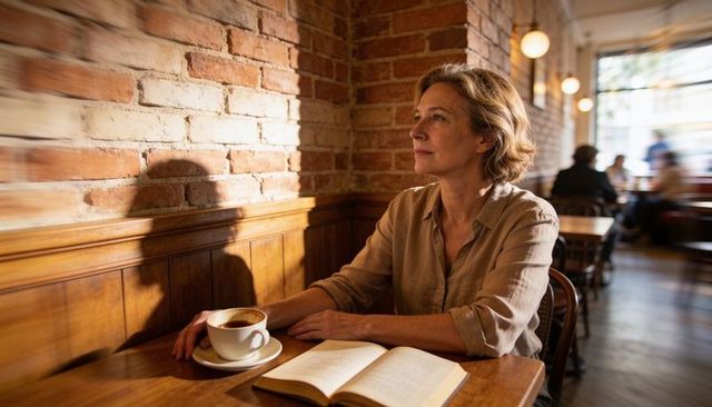 Reflective woman enjoying coffee and reading in sunlit brick cafe, cozy urban lifestyle