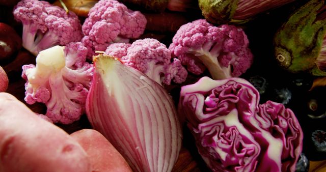 A vibrant display of purple cauliflower, red cabbage, and other vegetables, with copy space - Download Free Stock Photos Pikwizard.com