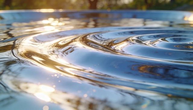 Sunlit rippling water with golden glints, concentric ripples and tree reflections, tranquil