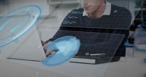 Mature Professional Typing on Laptop with Futuristic Holographic HUD Interface Overlay