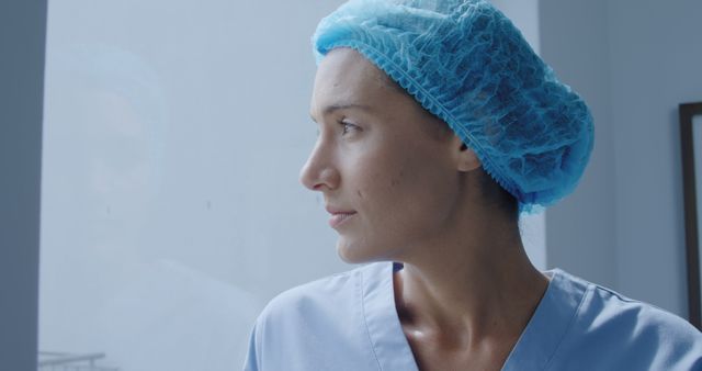 Female Healthcare Worker Reflecting Near Hospital Window - Download Free Stock Images Pikwizard.com