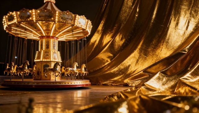 Glowing vintage carousel standing beside draped gold fabric on polished stage floor