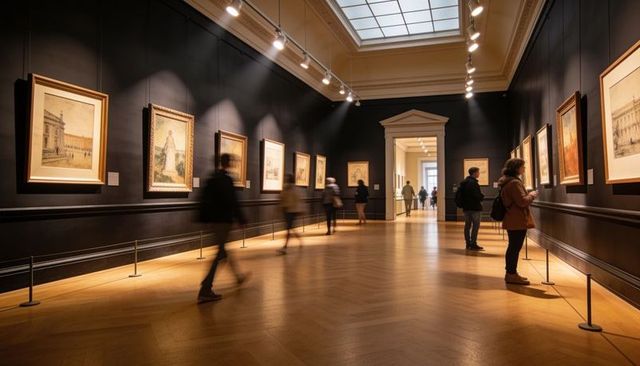 Walking visitors admiring framed artworks in elegant museum gallery under skylight