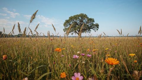 Solitary tree in vibrant meadow under nebraska clear sky