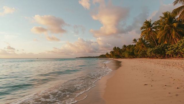 Tropical beach scene with palm trees at sunset