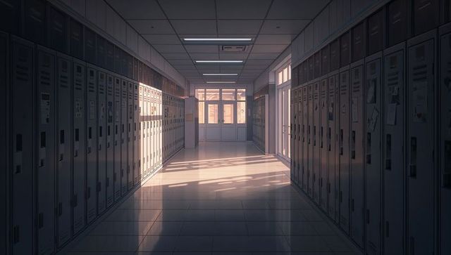 Sunlit school corridor with lockers and glass doors