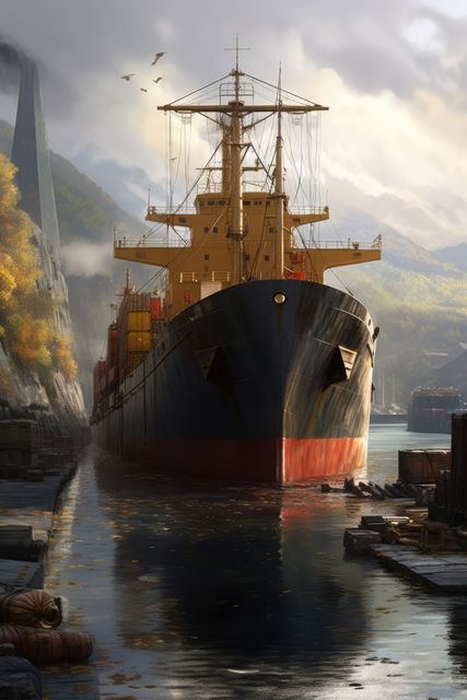 Cargo boat in shipyard port, created using generative ai technology. Ships, cargo and sea transport concept digitally generated image.