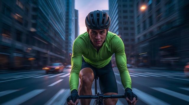 Riding cyclist speeding through urban street at dusk wearing high-visibility green jersey
