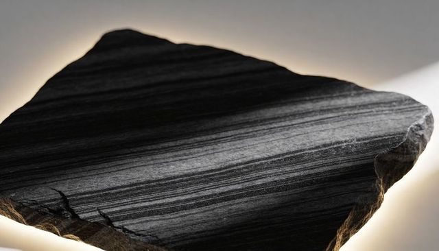 Banded dark gray stone slab on illuminated pedestal with layered texture and halo lighting