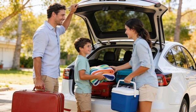 Family packing car for summer road trip smiling parents and son loading luggage