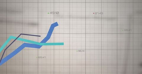 Abstract financial chart showing rising blue spike and teal trend lines on gray grid