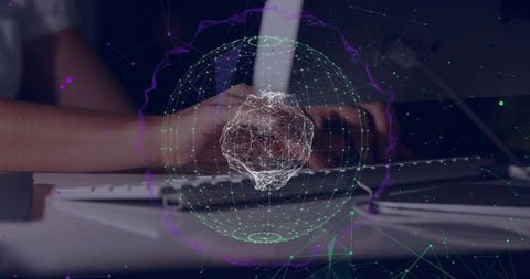 Woman typing on laptop with holographic network sphere overlay for ai and data security