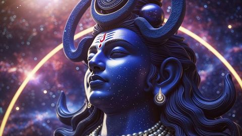 Blue Deity Bust with Galactic Backdrop and Celestial Symbology