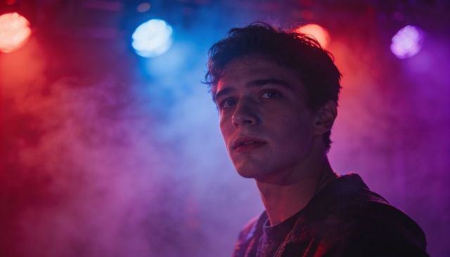 Young male performer under cinematic club lights with colorful haze and moody expression