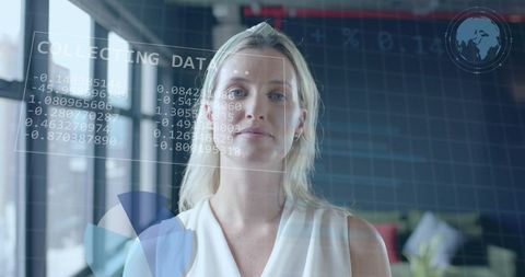 Businesswoman Analyzing Financial Data with Holographic Interface
