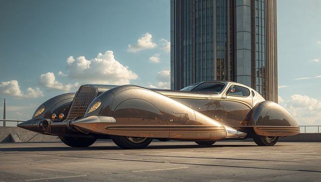 Futuristic Art Deco Car on Rooftop Plaza