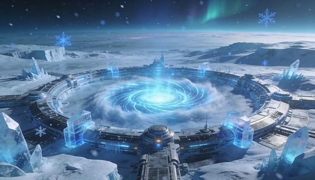 Ringed polar research facility emitting blue energy vortex over frozen plain under aurora
