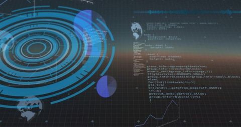 Futuristic Holographic Data Interface with Rotating Circular HUD, Code, Globe, Analytics