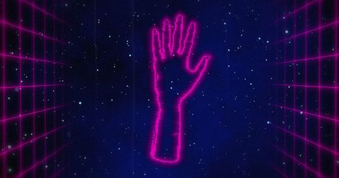 Holographic hand in neon cyber grid