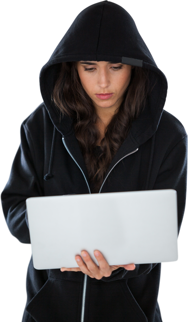 Transparent focused female hacker in black hoodie using laptop - Download Free Stock Videos Pikwizard.com